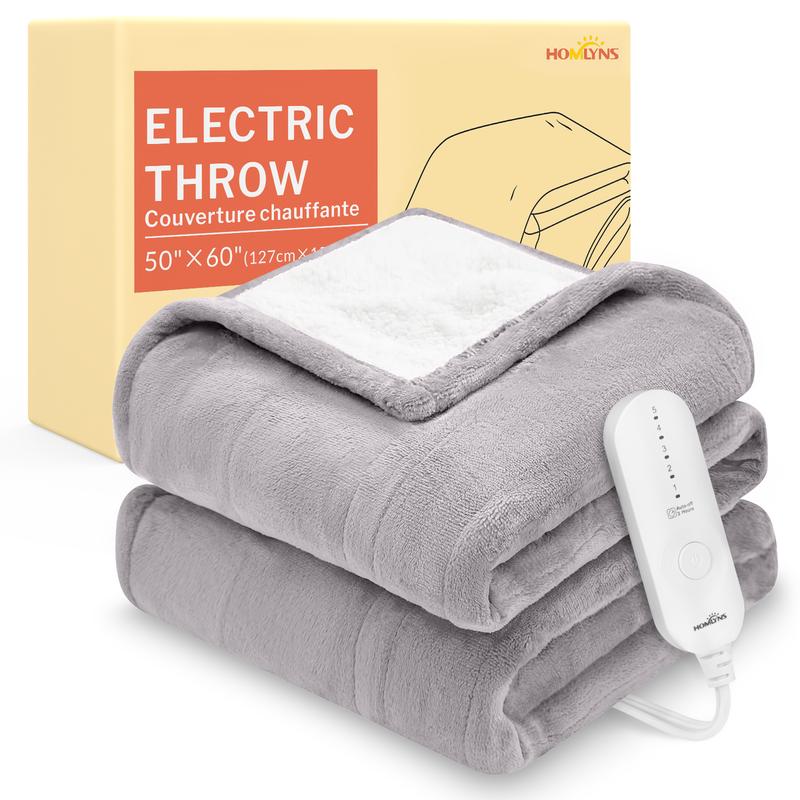 HOMLYNS Luxeheat Heated Electric Blanket 50"X 60", Soft Flannel Sherpa Heated Throw, Heating Blankets with 5 Heat Settings, 3 Hrs Timer Auto Shut Off