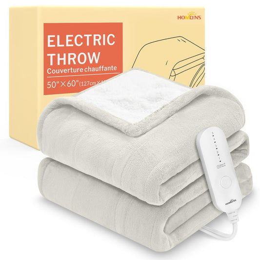 HOMLYNS Luxeheat Heated Electric Blanket 50"X 60", Soft Flannel Sherpa Heated Throw, Heating Blankets with 5 Heat Settings, 3 Hrs Timer Auto Shut Off